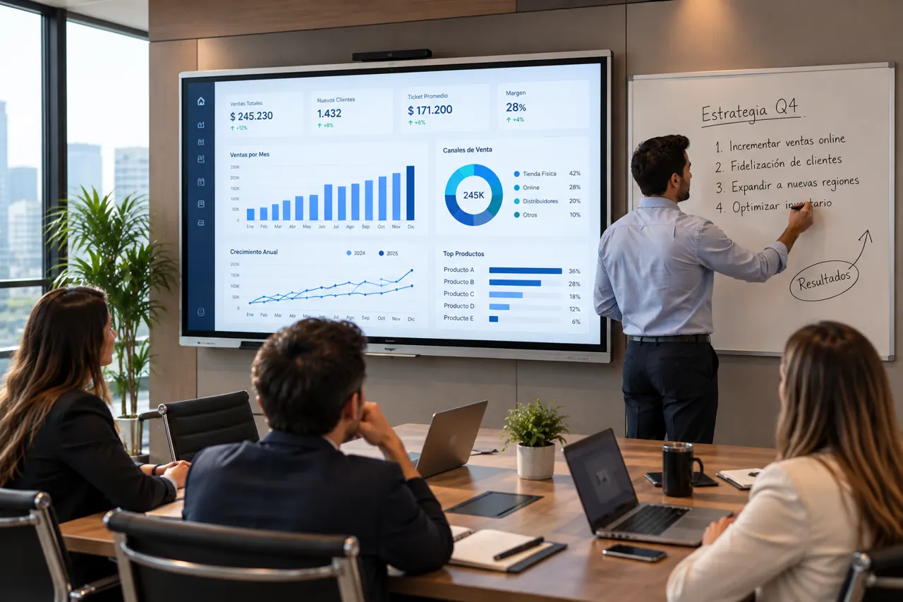 Reunión de estrategia con un dashboard de ventas en la pantalla