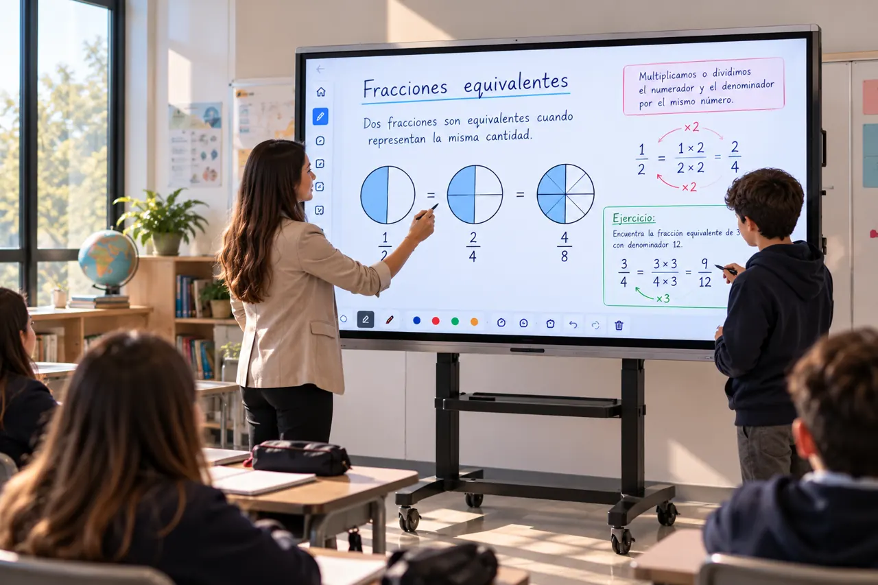 Docente usando la pantalla interactiva frente a sus estudiantes
