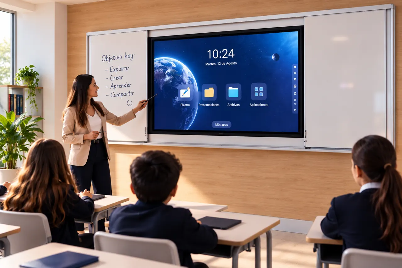Docente presentando el menú de inicio de la pantalla a sus estudiantes