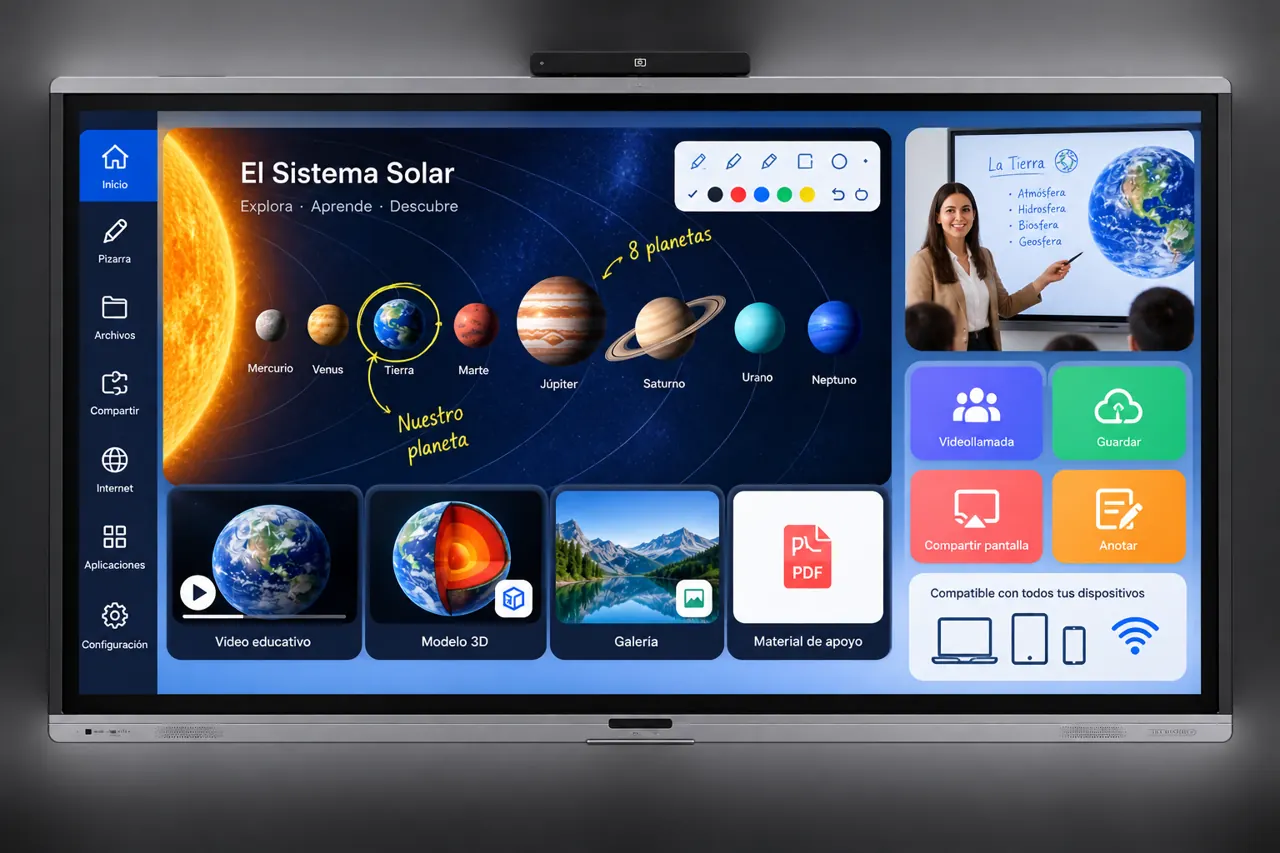 Pantalla interactiva Wise con una clase sobre el sistema solar y herramientas de pizarra